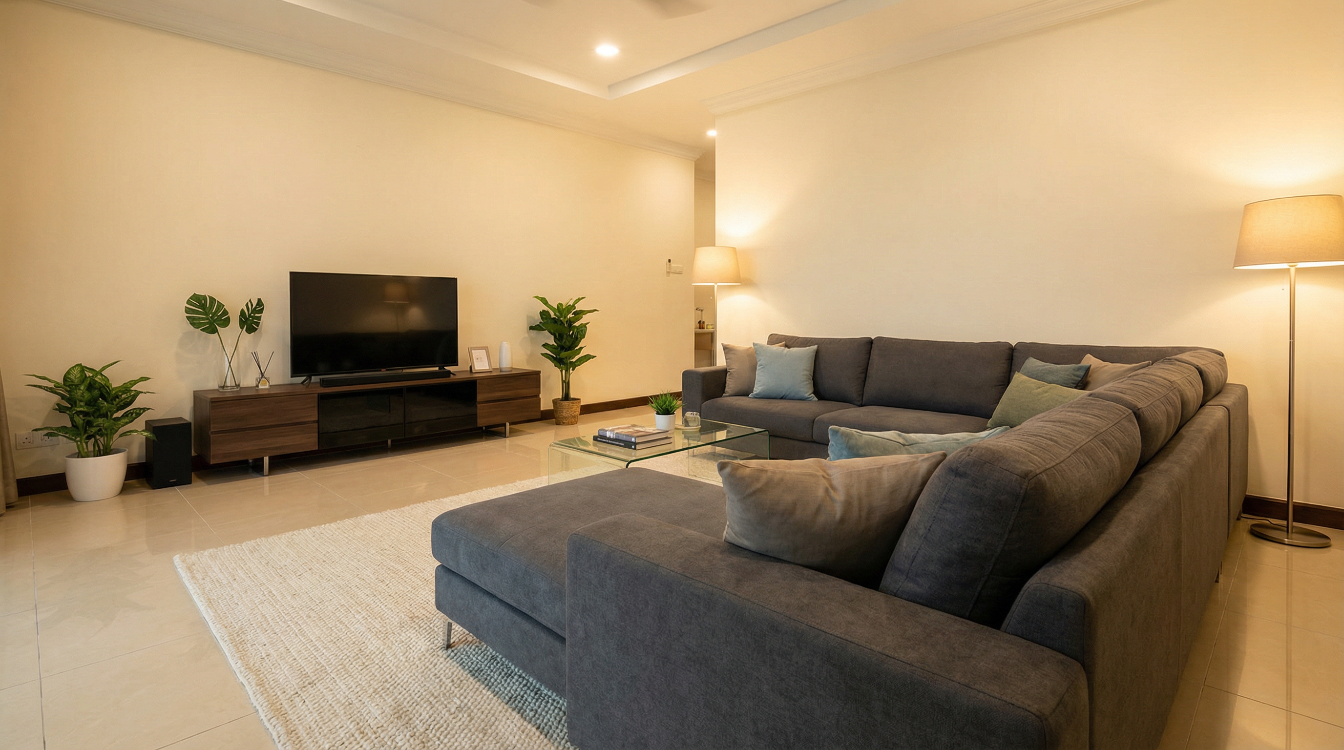 Ruang tamu dengan sofa L-shaped berkualiti